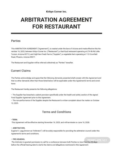 arbitration agreement for restaurant template