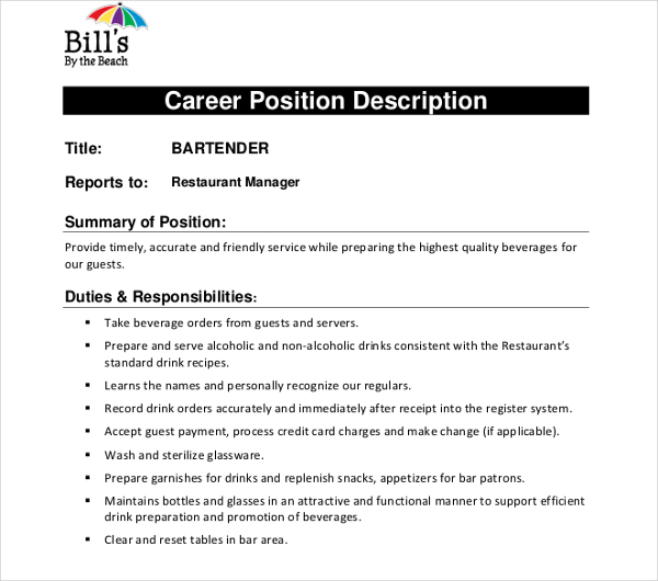 11+ Bartender Job Description Templates PDF, DOCS