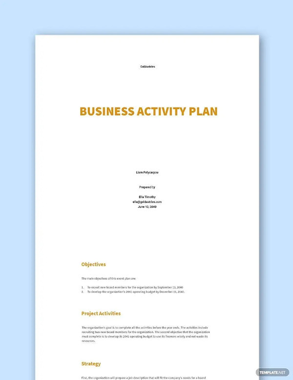 business activity plan template
