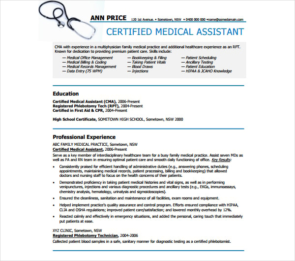 certified medical assistant resume sample