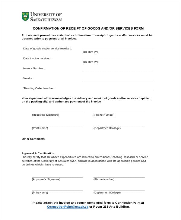 confirmation of receipt of goods and services form