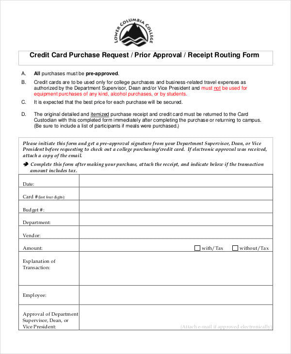 credit card purchase receipt form