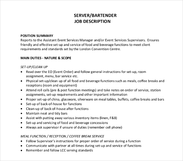 lead bartender job description