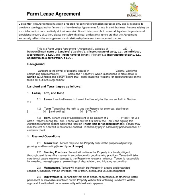 Agricultural Lease Agreement Template