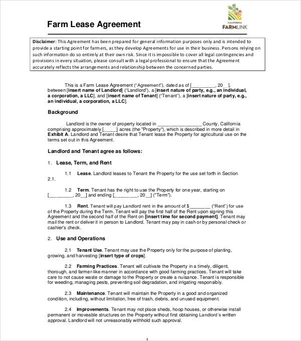 7  Farm Lease Agreement Templates PDF DOC