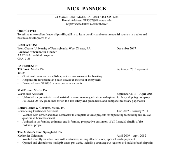 finanace job resume