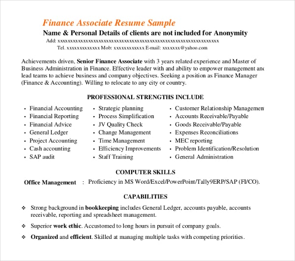 finance associate resume sample
