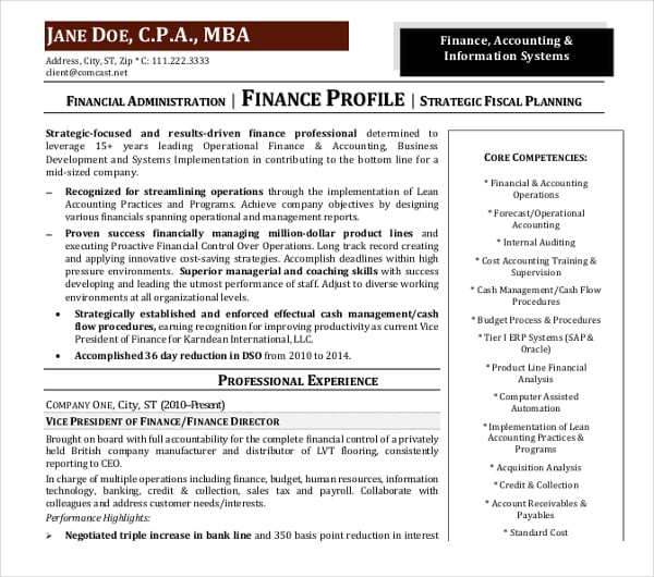 financial administration resume
