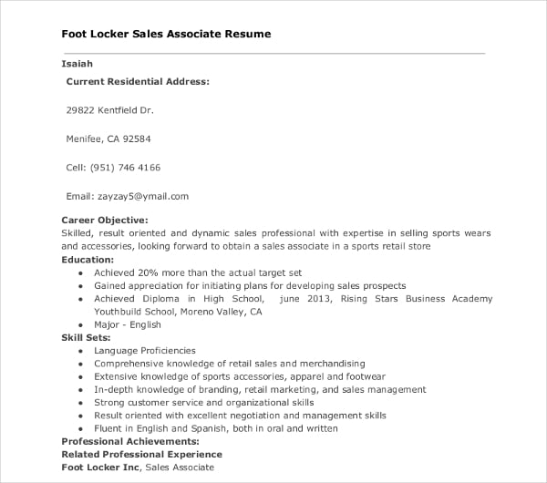foot locker sales resume
