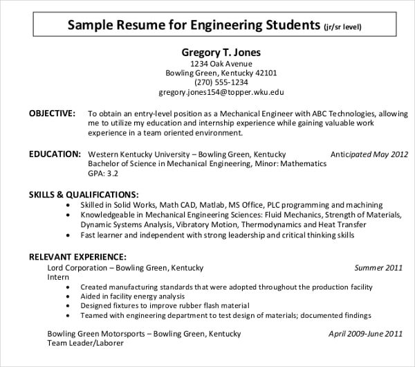 fresher resume for engineering students