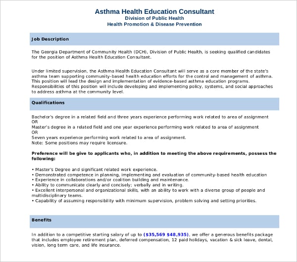health education consultant resume