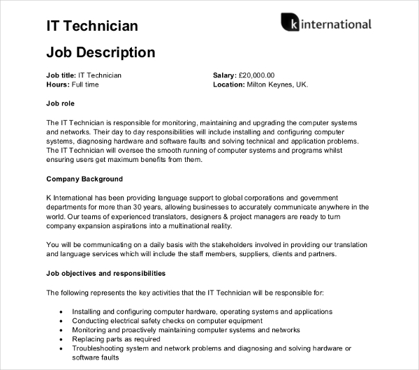 It Technician Job Description Job Descriptions Remar