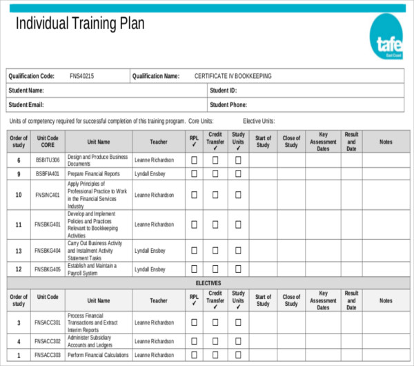 13+ Individual Training Plan Template