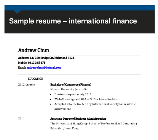 international finance resume