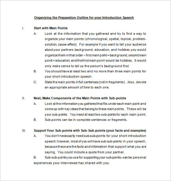 introduction speech preparation outline template