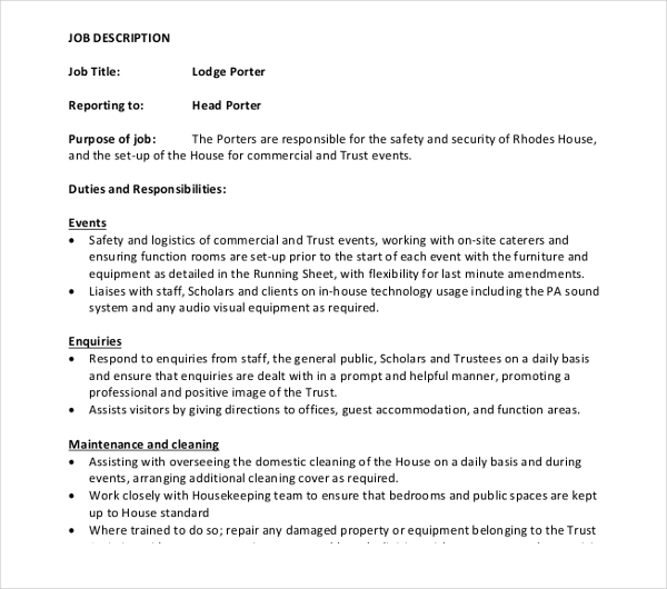 10+ Porter Job Description Templates PDF, DOC