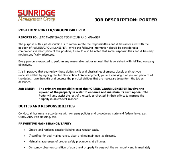 10+ Porter Job Description Templates PDF, DOC