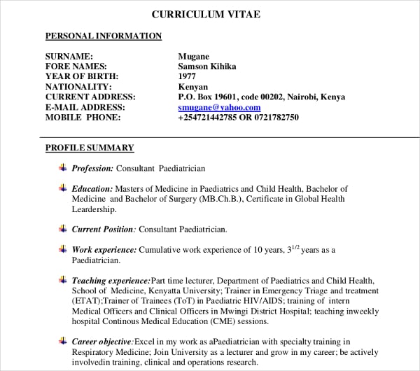 medical paediatrician curriculum vitae