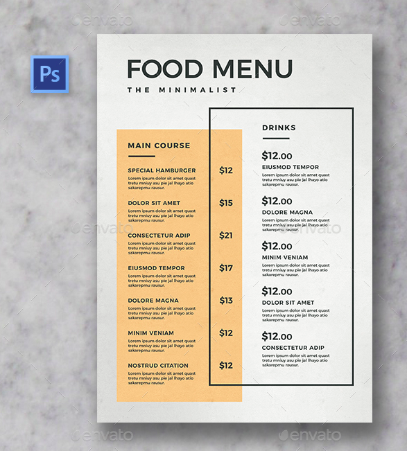 minimalist food menu template