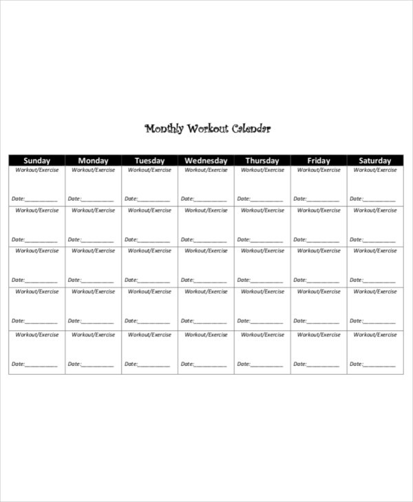 8 exercise or workout calendar templates pdf word