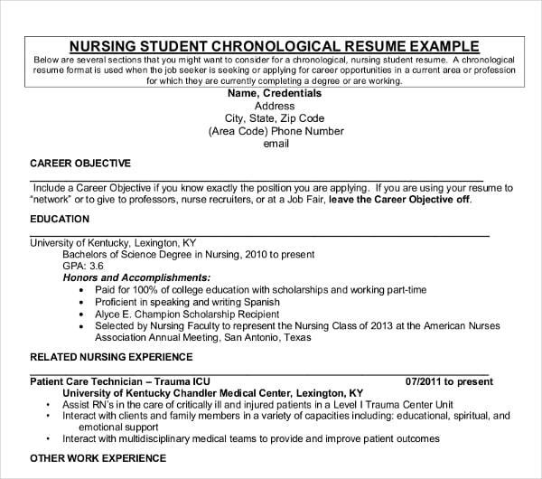 nursing student chronological resume