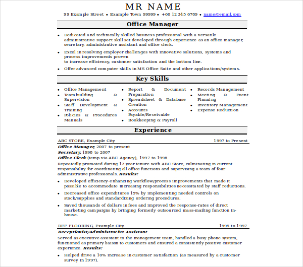 8+ Office Manager Resume Templates - PDF, DOC