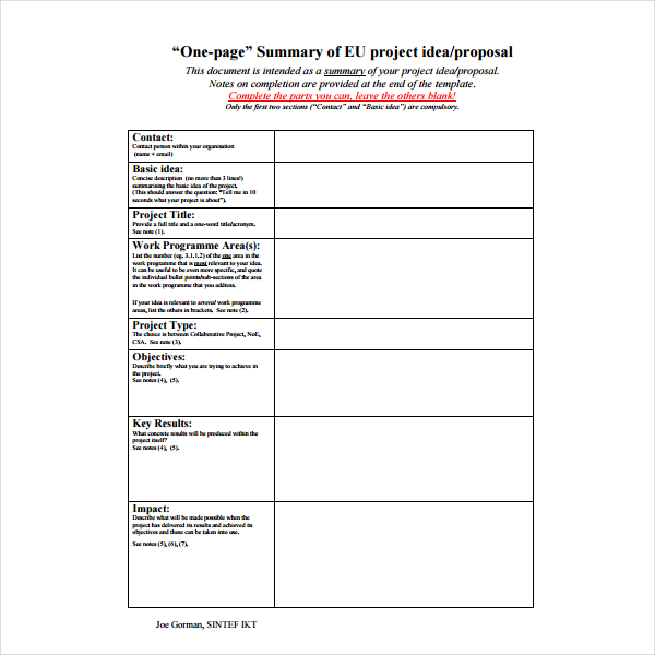 One Page Project Proposal Template Database