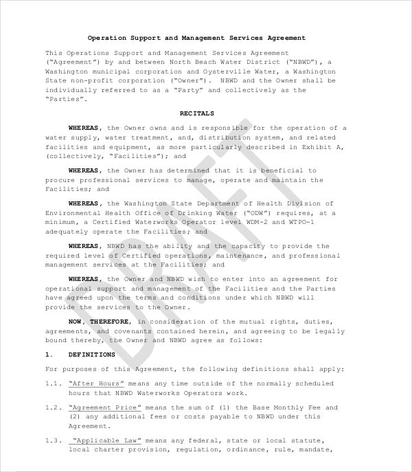 operation support management services agreement