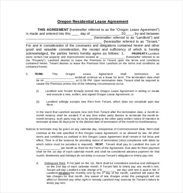 oregon residential lease agreement