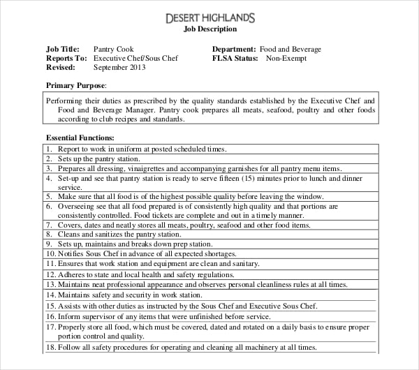 pantry cook job description template
