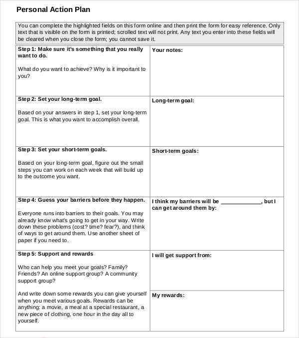 personal action plan template