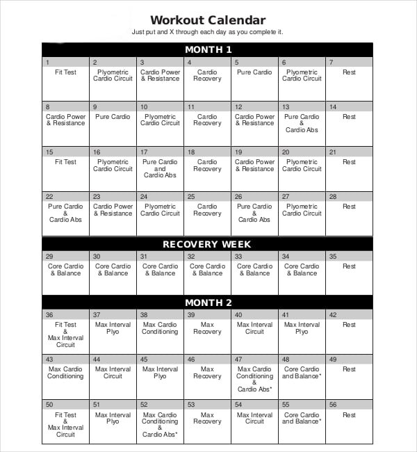 8 Exercise Or Workout Calendar Templates PDF Word