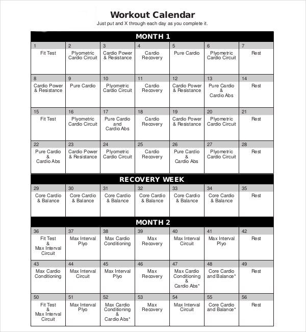 8 Exercise Or Workout Calendar Templates Pdf Word 