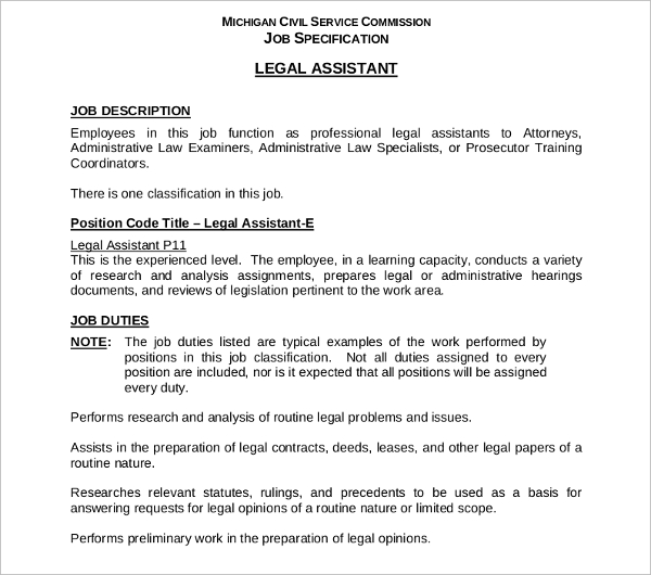 11+ Legal Assistant Job Description Templates PDF, DOC