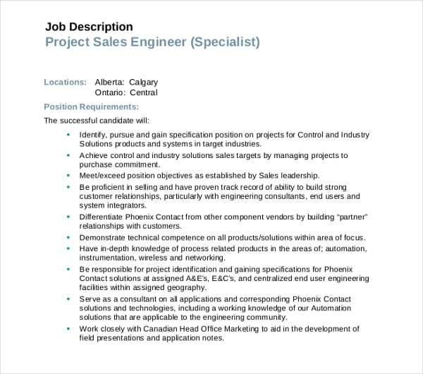 project sale engineer job description
