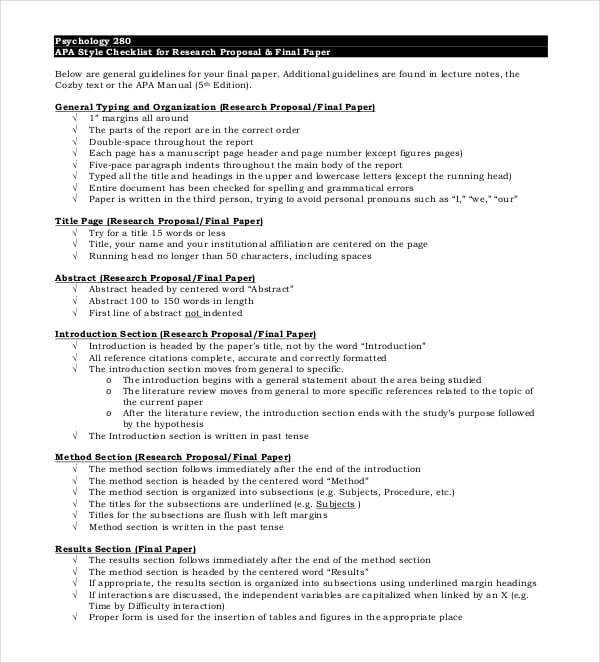 psychology 280 apa style checklist for research proposal