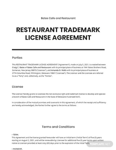 restaurant trademark license agreement template