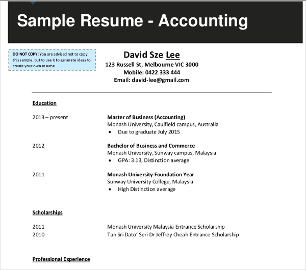 sample accounting resume