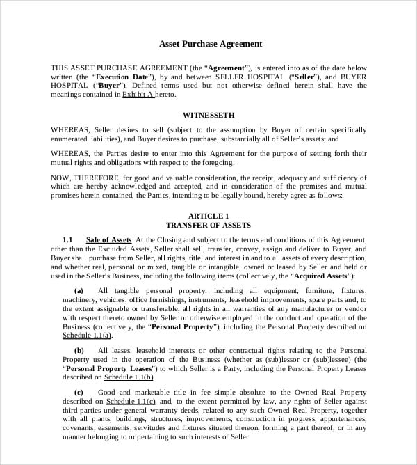 sample asset purchase agreement
