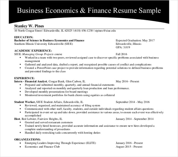 sample business finance resume