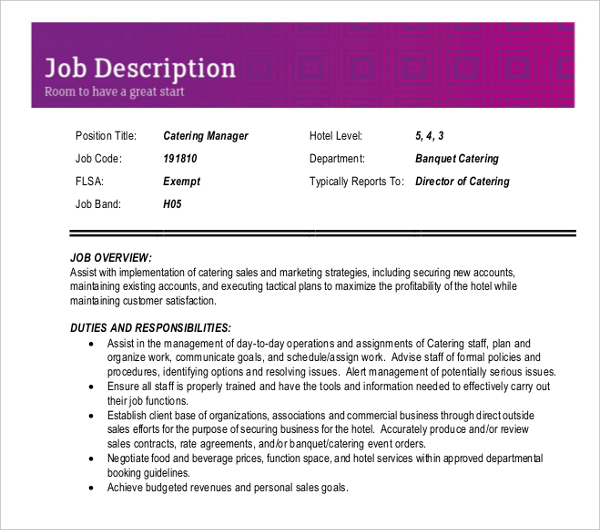 sample catering sales manager job description