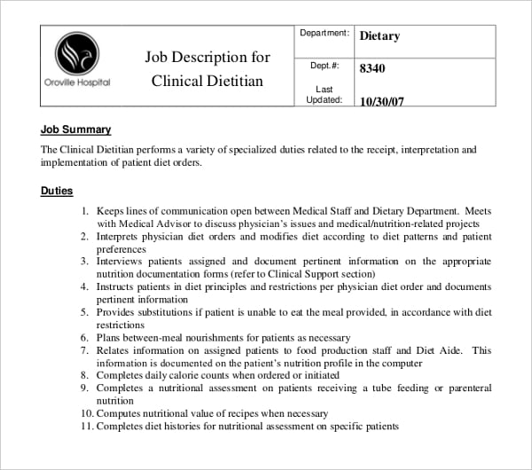 sample clinic dietitian job description