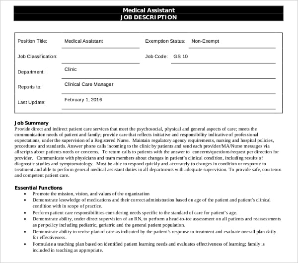 sample clinic medical assistant job description