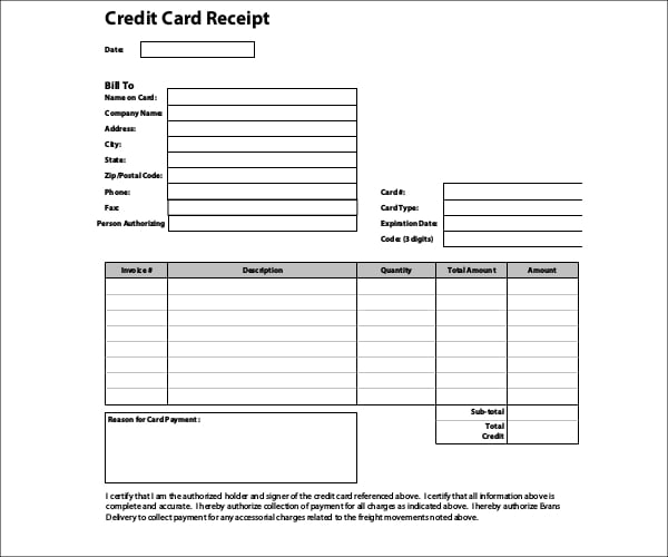 sample credit card receipt