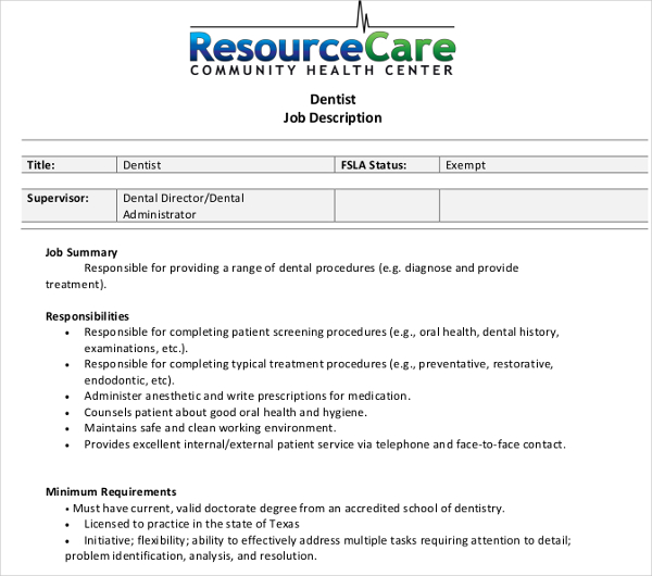 sample dental job description template