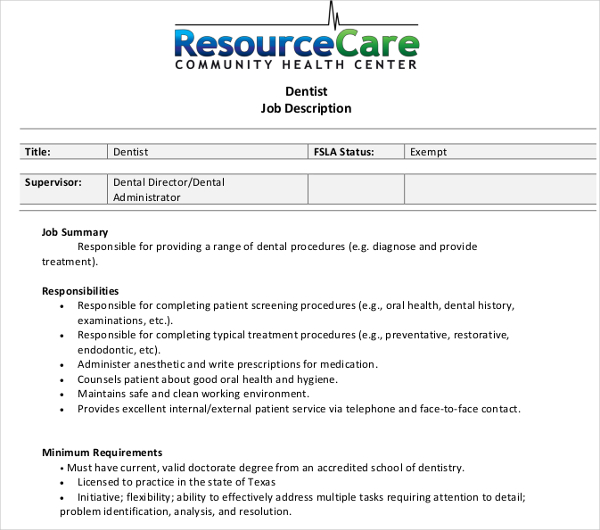 10+ Dentist Job Description Templates PDF, DOC