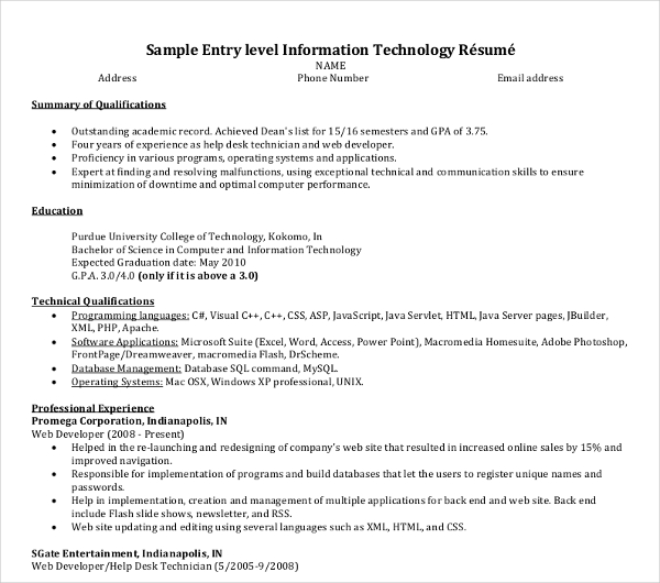 Information Technology Cv.pdf 15+ Information Technology Resume Templates - PDF, DOC