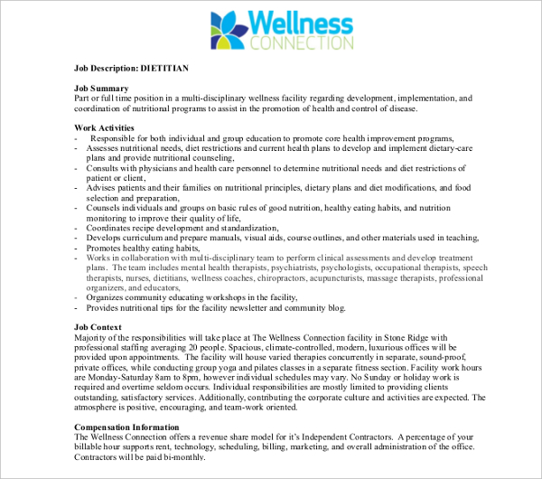 10+ Dietitian Job Description Templates - PDF, DOC