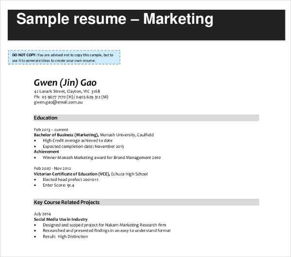 sample marketing resume