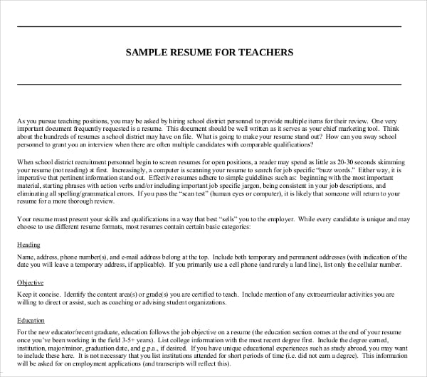 sample resume for teachers